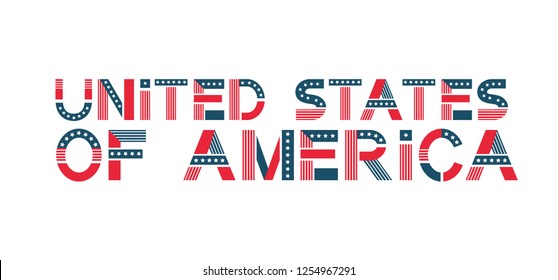 Vector text United States of America. USA banner in flag colors with stars and stripes. Patriotic design for national holidays and tourism.