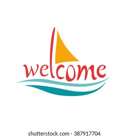 Vector text welcome on board with sea and sailing