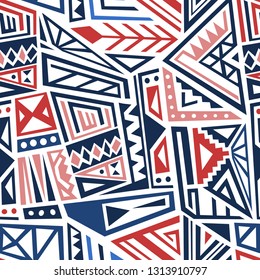 Vector textile design - ethnic style boho pattern. Seamless background tile. Blue and red colors.