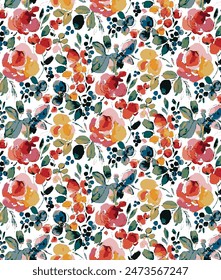 vector textile design multicolor solid abstract bright small, tiny, and big rose flowers, all-over seamless pattern with green and orange tone color illustration digital image printing factory