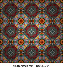 Vector textile design. Seamless abstract geometric Mandala pattern. Traditional oriental ethnic ornament, blue, red and brown batik colors background.