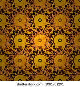 Vector textile design. Seamless abstract geometric Mandala pattern. Traditional oriental ethnic ornament, orange, red and yellow batik colors background.