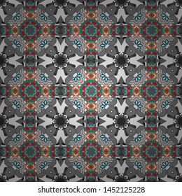 Vector textile design. Seamless abstract geometric Mandala pattern. Traditional oriental ethnic ornament, beige, blue and gray batik colors background.