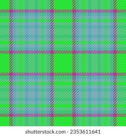 Vector textile fabric of plaid check pattern with a texture tartan seamless background in cyan and green colors.