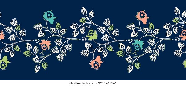 Vector textile floral border blue background 