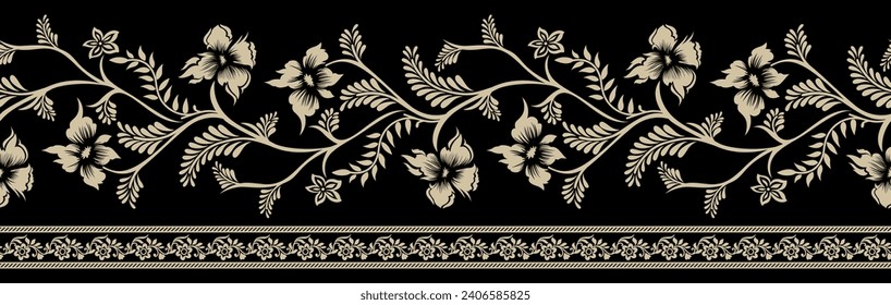 Vector textile floral border design on black back ground 