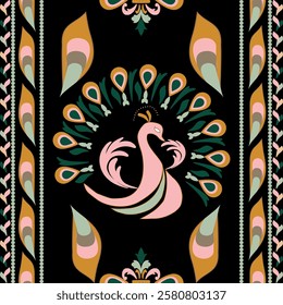 A vector textile pattern featuring elegant peacocks with intricate feather details, surrounded by floral and decorative elements. dark tones enhance its graceful, traditional style