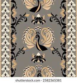 A vector textile pattern featuring elegant peacocks with intricate feather details, surrounded by floral and decorative elements. dark pastel tones enhance its graceful, traditional style.