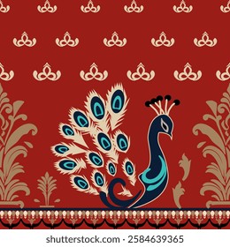 A vector textile pattern featuring elegant peacocks with intricate feather details, surrounded by floral and decorative elements. Red tones enhance its graceful, traditional style.