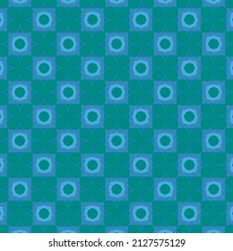 Vector textile pattern with repeating circles in blue on a green background.