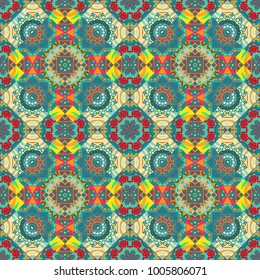 Vector textile print for bed linen, jacket, package design, fabric and fashion concepts. Seamless pattern with mandalas. Mystic background in green, blue and orange colors.