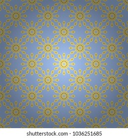 Vector textile print for bed linen, jacket, package design, fabric and fashion concepts. Seamless pattern with mandalas. Mystic background in yellow, gray and blue colors.