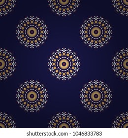 Vector textile print for bed linen, jacket, package design, fabric and fashion concepts. Seamless pattern with mandalas. Mystic background in blue, white and yellow colors.