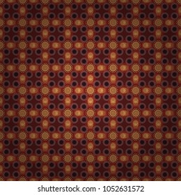Vector textile print for bed linen, jacket, package design, fabric and fashion concepts. Seamless pattern with mandalas. Mystic background in orange, brown and red colors.