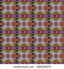 Vector textile print for bed linen, jacket, package design, fabric and fashion concepts. Seamless pattern ethnic design in blue, pink and brown colors. Geometric background with tribal tiles.