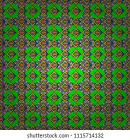 Vector textile print for bed linen, jacket, package design, fabric and fashion concepts. Seamless pattern ethnic design in green, yellow and gray colors. Geometric background with tribal tiles.