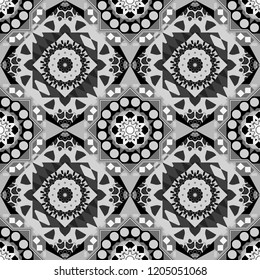 Vector textile print for bed linen, jacket, package design, fabric and fashion concepts. Seamless pattern ethnic design in gray, black and white colors. Geometric background with tribal tiles.