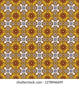 Vector textile print for bed linen, jacket, package design, fabric and fashion concepts. Seamless pattern ethnic design in white, yellow and brown colors. Geometric background with tribal tiles.