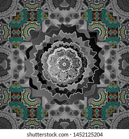 Vector textile print for bed linen, jacket, package design, fabric and fashion concepts. Mystic background in gray, blue and brown colors. Seamless pattern with mandalas.