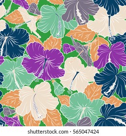 Vector textile print for bed linen, jacket, package design, fabric and fashion concepts. Seamless pattern with violet, orange and green flowers. Floral watercolor seamless background.