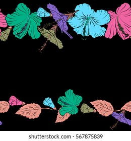 Vector textile print for bed linen, jacket, package design, fabric and fashion concepts. With violet and pink flowers and copy space (place for your text). Horizontal floral watercolor background.