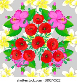 Vector textile print for bed linen, jacket, package design, fabric and fashion concepts. Seamless pattern with many flowers on gray background. Floral watercolor seamless background.