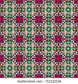 Vector textile print for bed linen, jacket, package design, fabric and fashion concepts. Seamless pattern ethnic design in violet, neutral and blue colors. Geometric background with tribal tiles.