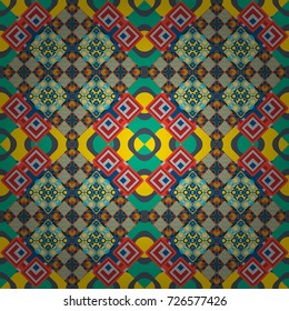 Vector textile print for bed linen, jacket, package design, fabric and fashion concepts. Seamless pattern ethnic design in gray, yellow and blue colors. Geometric background with tribal tiles.