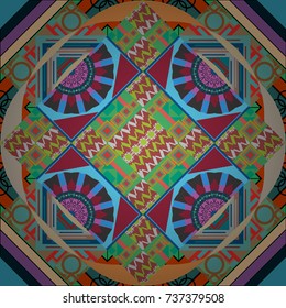 Vector textile print for bed linen, jacket, package design, fabric and fashion concepts. Seamless pattern ethnic design in green, blue and red colors. Geometric background with tribal tiles.