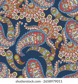 Vektortextildruck. Nahtloses Design für Bezüge, Stoffe, Textilien, Packpapier. Vektorgrafik Paisley Indische Motive und dekorative Blumenelemente