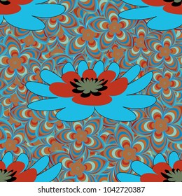 Vector textile print template fashion paisley field wallpaper art. Seamless pattern of flowers in a red, blue and orange colors. Imitation embroidery.