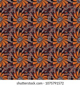 Vector textile print template fashion paisley field wallpaper art. Seamless pattern of flowers in a blue, brown and beige colors. Imitation embroidery.