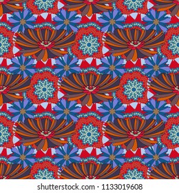 Vector textile print template fashion paisley field wallpaper art. Seamless pattern of flowers in a red, blue and violet colors. Imitation embroidery.