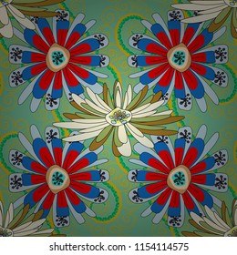 Vector textile print template fashion paisley field wallpaper art. Seamless pattern of flowers in a blue, red and green colors. Imitation embroidery.
