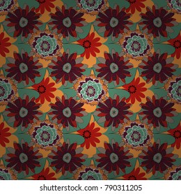 Vector textile print template fashion paisley field wallpaper art. Seamless pattern of flowers in a red, green and purple colors. Imitation embroidery.