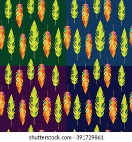 Vector texture with abstract decorative colorful feathers on dark green, blue, purple backgrounds