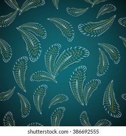 Vector texture with abstract decorative feathers on dark emerald background