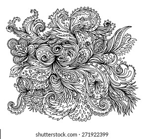 Vector  texture with abstract flowers. Black outlines.