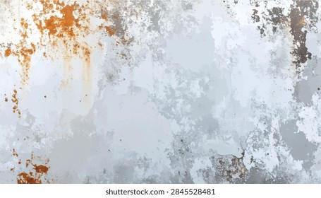 Vector texture background with distressed white paint and orange rust stains. Weathered surface backdrop for vintage graphic design, industrial grunge banners, and urban style overlay. 