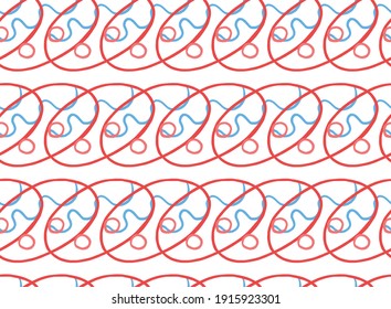 Vector texture background, seamless pattern. Hand drawn, red, blue and white colors.