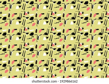 Vector texture background, seamless pattern. Hand drawn, yellow, black, red and white colors.