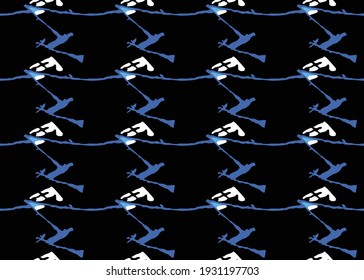 Vector texture background, seamless pattern. Hand drawn, black, blue and white colors.