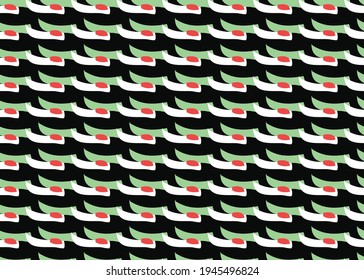 Vector texture background, seamless pattern. Hand drawn, black, green, red and white colors.