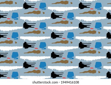 Vector texture background, seamless pattern. Hand drawn, blue, brown, red, black and white colors.