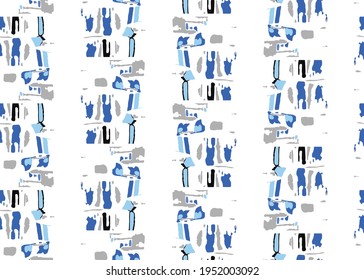 Vector texture background, seamless pattern. Hand drawn, blue, grey, black and white colors.