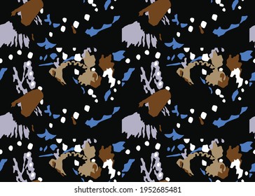 Vector texture background, seamless pattern. Hand drawn, black, brown, grey, blue and white colors.