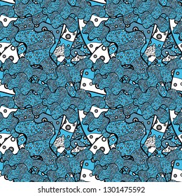 Vector texture. Beautiful fabric background. Doodles on a black, white and blue colors. Illustration.