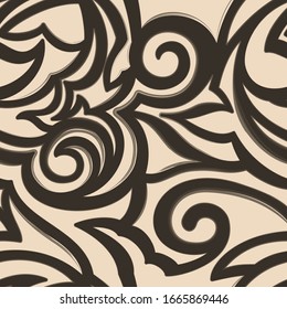 Vector texture of beige color isolated on brown background. Spirals and broken abstract shapes. Floral pattern for fabrics or packaging. Ornament with with cuts.