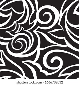 Vector texture of black color isolated on white background spirals and broken abstract shapes. Floral pattern for fabrics or packaging. Ornament with with cuts.