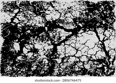Vector texture of black cracked earth. High-contrast monochrome template of arid soil with chaotic cracks. Abstract seamless grunge coating, for design, disaster effects, or environmental themes.